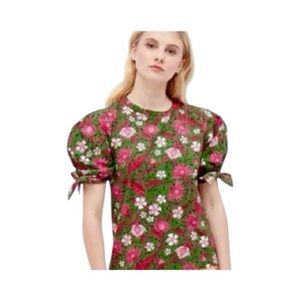 Zara Floral Puff Sleeve Top Small Green Pink Cotton Cottagecore 100% Cotton